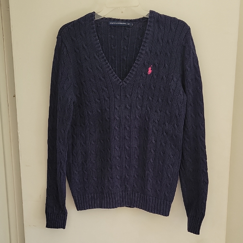 🧵Ralph Lauren Cable Knit Sweater Navy V Neck Pink Pony Women’s Small